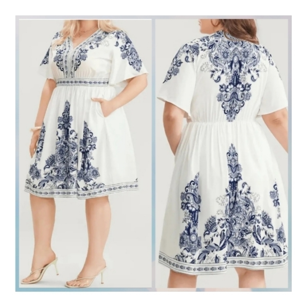 BloomChic Bandana Print Ruffle Sleeve V Neck Pocket Knee Dress Sz 14/16 NWT